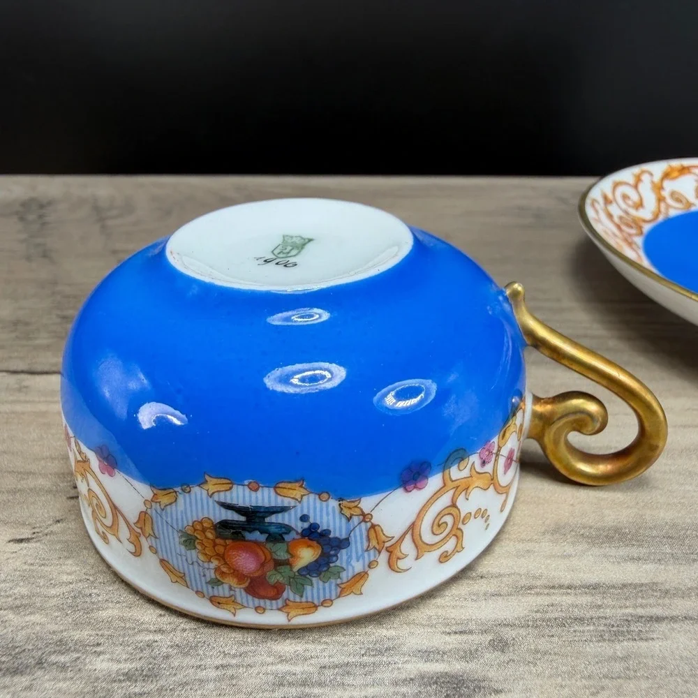 Antique SPM Germany Porcelain Tea Cup Saucer Set Cobalt Blue Gold Fruit Gilt VTG